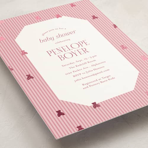 This is a peony foil stamped baby shower invitations with foil pressed by Cindy Reynolds called teddy bear stripes printing on signature in standard