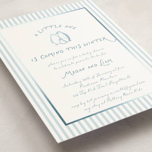 This is a sky foil stamped baby shower invitations with foil pressed by Lucrecia Caporale called arctic family printing on signature in standard