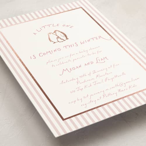 This is a bubblegum foil stamped baby shower invitations with foil pressed by Lucrecia Caporale called arctic family printing on signature in standard