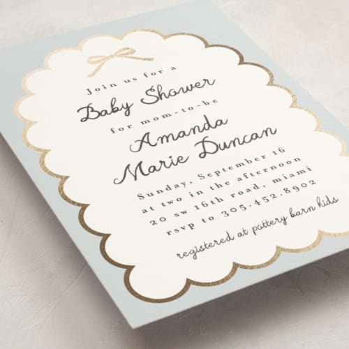 This is a sky foil stamped baby shower invitations with foil pressed by Maria Alou called scallop & little bow printing on signature in standard