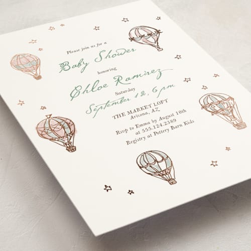 This is a coral breeze foil stamped baby shower invitations with foil pressed by Cass Loh called vintage balloon sketch printing on signature in standard