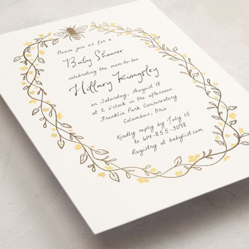 This is a buttercup foil stamped baby shower invitations with foil pressed by Heather Schertzer called soon to bee printing on signature in standard