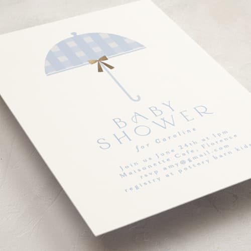 This is a sky foil stamped baby shower invitations with foil pressed by Angela Thompson called plaid brolly printing on signature in standard