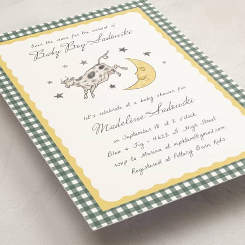 This is a dandelion foil stamped baby shower invitations with foil pressed by Heather Schertzer called over the moon printing on signature in standard