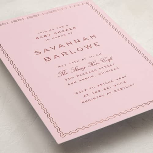 This is a bubblegum foil stamped baby shower invitations with foil pressed by Ellen Schlegelmilch called ripple border printing on signature in standard