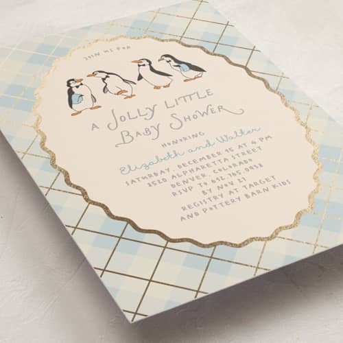 This is a ice foil stamped baby shower invitations with foil pressed by Creo Study called disney’s mary poppins jolly penguins printing on signature in standard