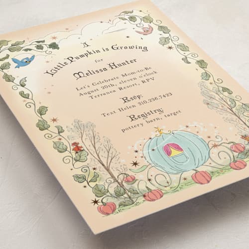 This is a peach foil stamped baby shower invitations with foil pressed by Becky Nimoy called disney's cinderella pumpkin patch printing on signature in standard