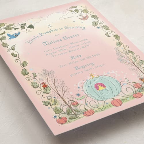 This is a peony foil stamped baby shower invitations with foil pressed by Becky Nimoy called disney's cinderella pumpkin patch printing on signature in standard