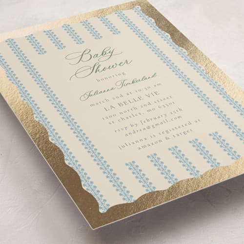 This is a sky foil stamped baby shower invitations with foil pressed by Jen Owens called wavy stripe printing on signature in standard