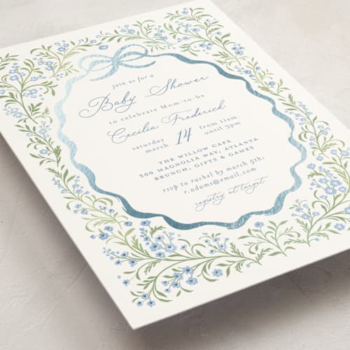 This is a sky foil stamped baby shower invitations with foil pressed by Paper Raven Co. called darling printing on signature in standard