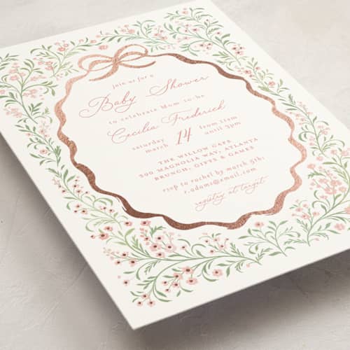 This is a blush foil stamped baby shower invitations with foil pressed by Paper Raven Co. called darling printing on signature in standard