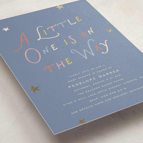 This is a sail foil stamped baby shower invitations with foil pressed by Pixel and Hank called on the way printing on signature in standard