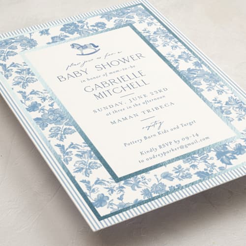 This is a powder foil stamped baby shower invitations with foil pressed by Jenna Holcomb called rocking horse baby printing on signature in standard