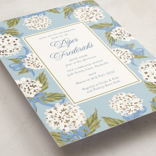 This is a blue bell foil stamped baby shower invitations with foil pressed by Jackie Crawford called hydrangea bow bouquets printing on signature in standard