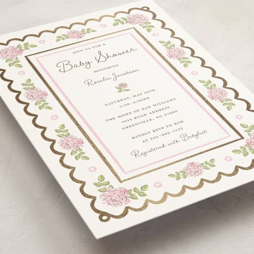 This is a rose foil stamped baby shower invitations with foil pressed by Holton Art and Design called garden rose doily printing on signature in standard