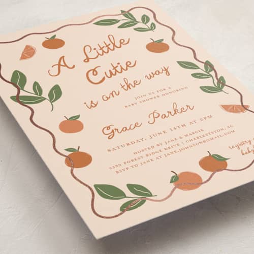 This is a peach foil stamped baby shower invitations with foil pressed by Kelly Watkins called a little cutie printing on signature in standard
