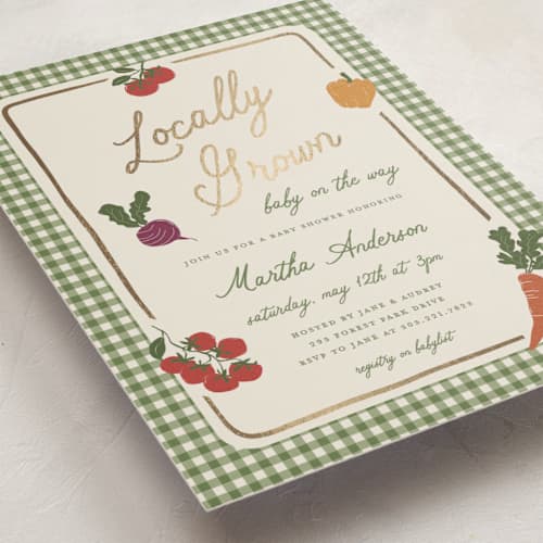 This is a moss foil stamped baby shower invitations with foil pressed by Kelly Watkins called farmers market printing on signature in standard