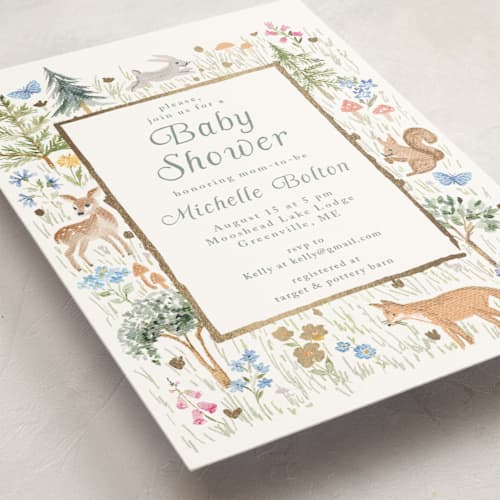 This is a meadow foil stamped baby shower invitations with foil pressed by Petra Kern called woodland welcome printing on signature in standard