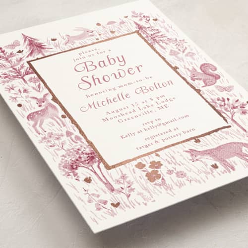 This is a rose foil stamped baby shower invitations with foil pressed by Petra Kern called woodland welcome printing on signature in standard