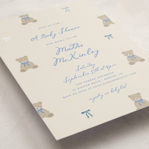 This is a waterfall foil stamped baby shower invitations with foil pressed by Kelly Watkins called so beary cute printing on signature in standard