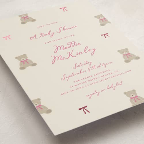 This is a petal foil stamped baby shower invitations with foil pressed by Kelly Watkins called so beary cute printing on signature in standard