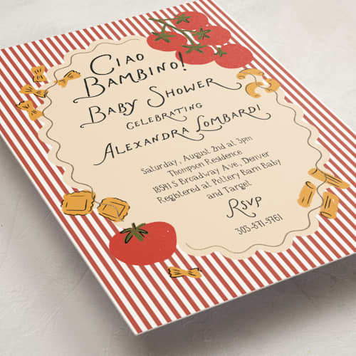 This is a tomato foil stamped baby shower invitations with foil pressed by Jenna Holcomb called pasta sauce printing on signature in standard