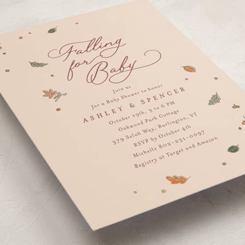 This is a berry foil stamped baby shower invitations with foil pressed by letterfix called sweet autumn printing on signature in standard
