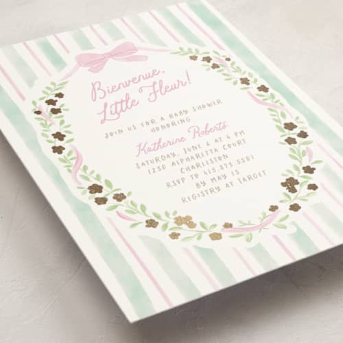 This is a cupcake foil stamped baby shower invitations with foil pressed by Creo Study called little fleur printing on signature in standard