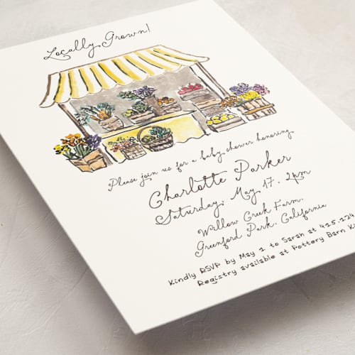 This is a lemon foil stamped baby shower invitations with foil pressed by Cass Loh called fresh from the garden printing on signature in standard