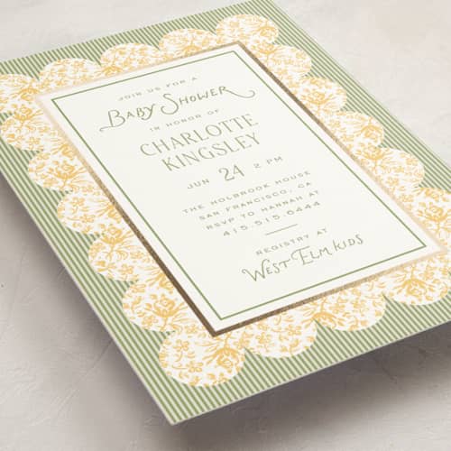 This is a daffodil foil stamped baby shower invitations with foil pressed by Heather Schertzer called nostalgic printing on signature in standard