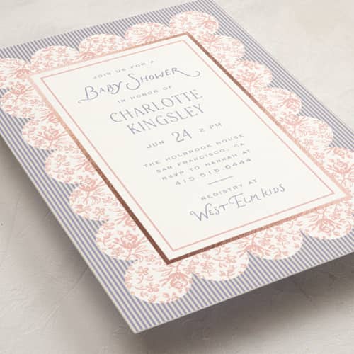 This is a rosebud foil stamped baby shower invitations with foil pressed by Heather Schertzer called nostalgic printing on signature in standard
