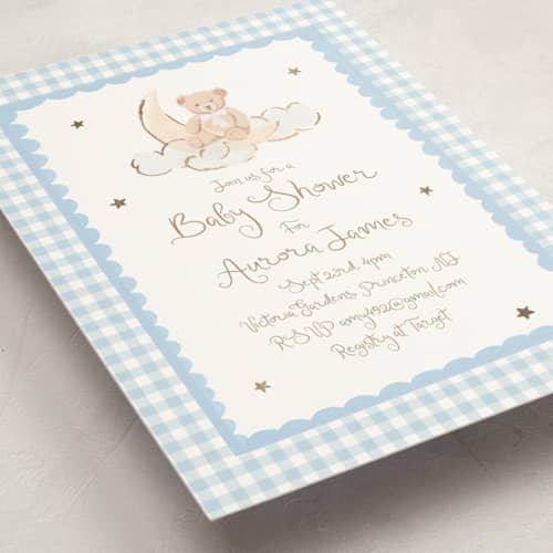This is a sky foil stamped baby shower invitations with foil pressed by Teju Reval called dreamy bear printing on signature in standard