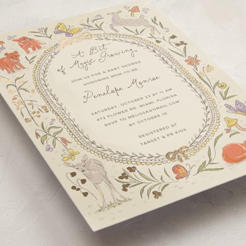 This is a linen foil stamped baby shower invitations with foil pressed by Vera Lim called woodland magic printing on signature in standard