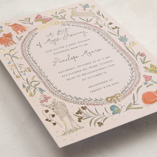 This is a blush foil stamped baby shower invitations with foil pressed by Vera Lim called woodland magic printing on signature in standard