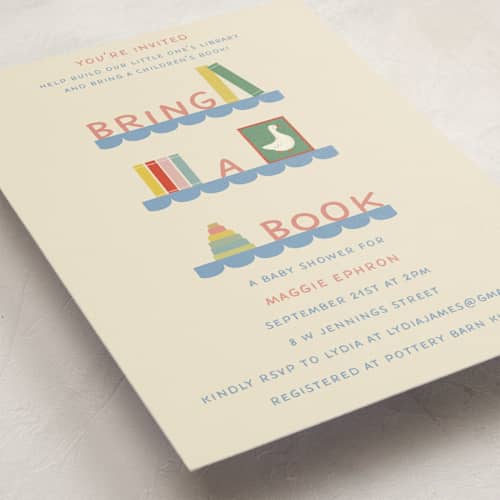 This is a classic library baby shower invitations with standard by Julia Starr called baby shelfie printing on signature in standard