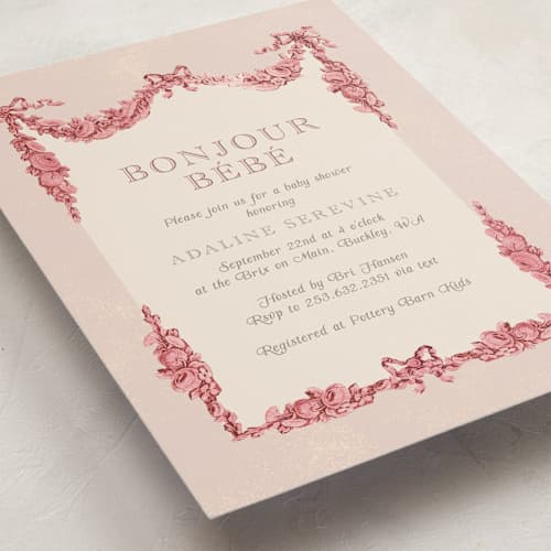 This is a peony baby shower invitations with standard by Itsy Belle Studio called bonjour bebe printing on signature in standard