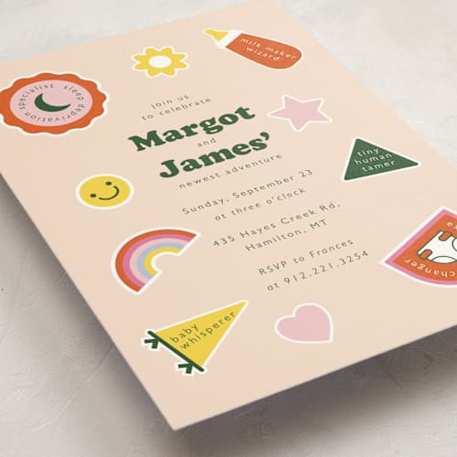 This is a sunshine baby shower invitations with standard by Hudson meet Rose called scout badges printing on signature in standard