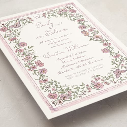 This is a heather baby shower invitations with standard by Jenna Holcomb called baby in bloom. printing on signature in standard