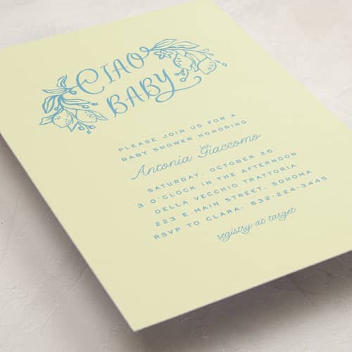 This is a lemonade baby shower invitations with standard by Pati Cascino called ciao baby printing on signature in standard