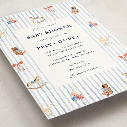 This is a cloud baby shower invitations with standard by Sarah Knight called pinstripe printing on signature in standard