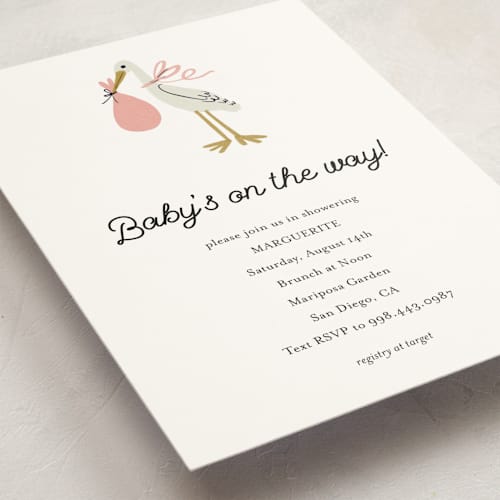 This is a blush baby shower invitations with standard by Ani Somi called little stork printing on signature in standard
