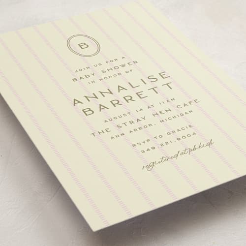 This is a blush baby shower invitations with standard by Ellen Schlegelmilch called stitched lines printing on signature in standard