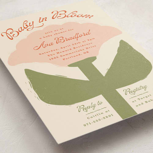 This is a peony baby shower invitations with standard by Lisa McLean called tulip printing on signature in standard