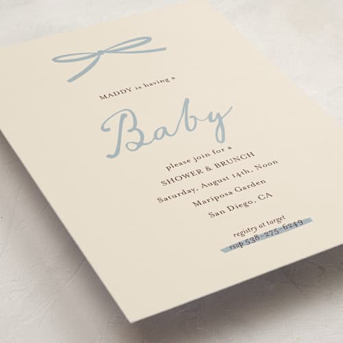 This is a denim baby shower invitations with standard by Ani Somi called baby bow printing on signature in standard