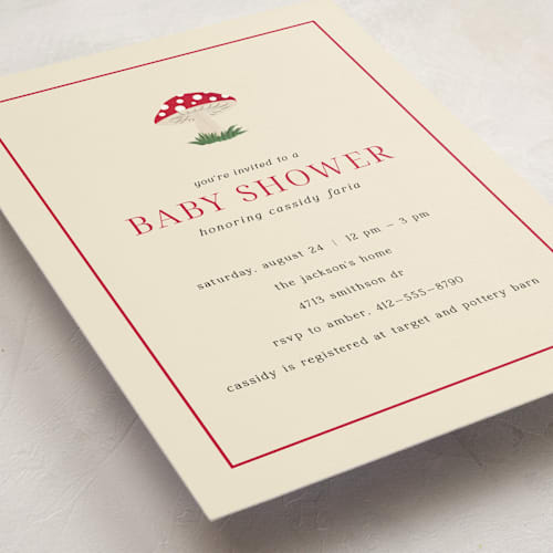 This is a berry baby shower invitations with standard by Ilene Guy called little mushroom printing on signature in standard