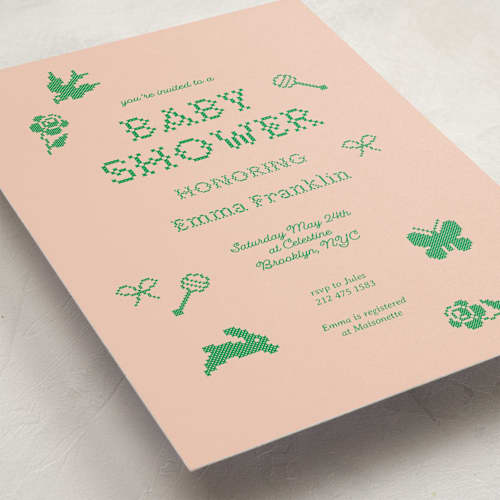 This is a grass baby shower invitations with standard by Studio Suku called needlepoint printing on signature in standard
