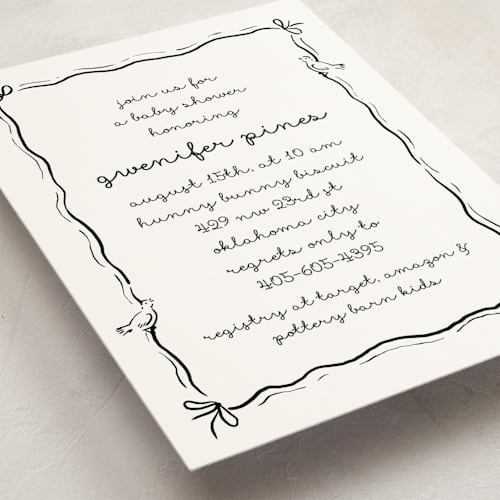 This is a cotton baby shower invitations with standard by Deynaaz Daraei called okarche printing on signature in standard