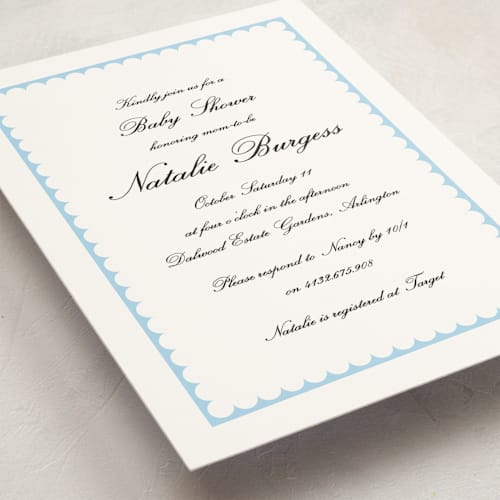 This is a sky baby shower invitations with standard by Catherine Culvenor called sweetly scalloped printing on signature in standard