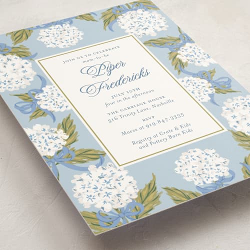 This is a blue bell baby shower invitations with standard by Jackie Crawford called hydrangea bow bouquets printing on signature in standard