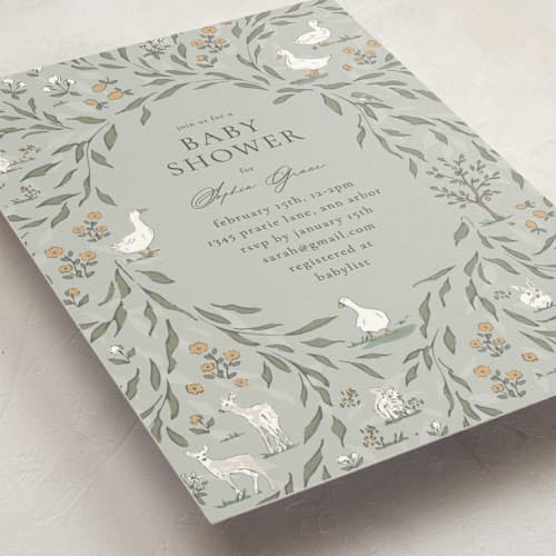 This is a mint baby shower invitations with standard by Melissa Johnson called meadow friends printing on signature in standard